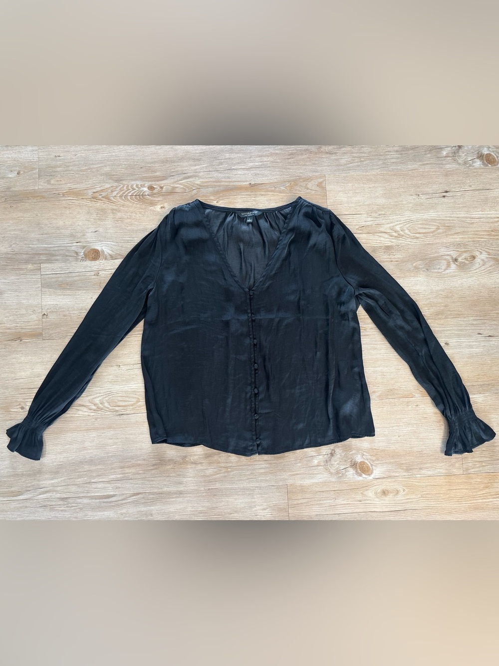 Liverpool Black V-Neck Button-Front Long Sleeve Blouse